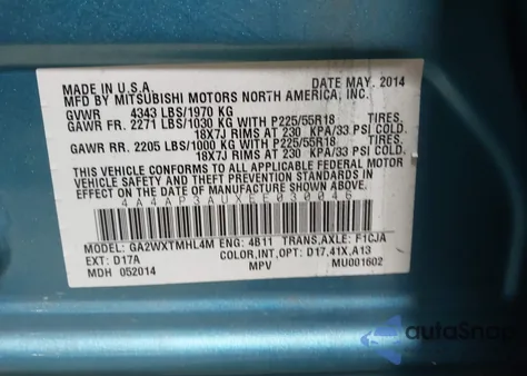 2014 Mitsubishi Outlander Sport Es z USA, uszkodzony, nr VIN 4A4AP3AUXEE030046